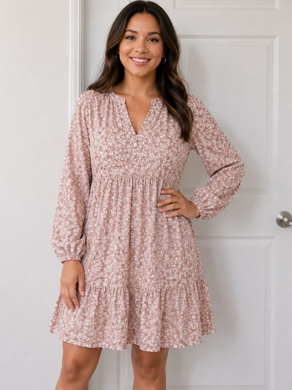 Reistor Floral Dusty Rose Long-Sleeve 100% Organic Cotton Dress